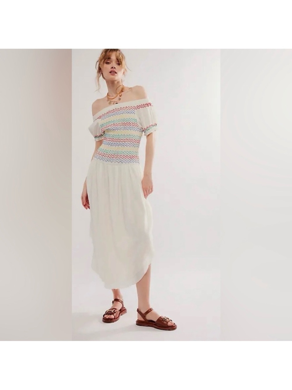 Free People Catch Me Striped Smocked Drop Waist Midi Dress Reinassance Boho
